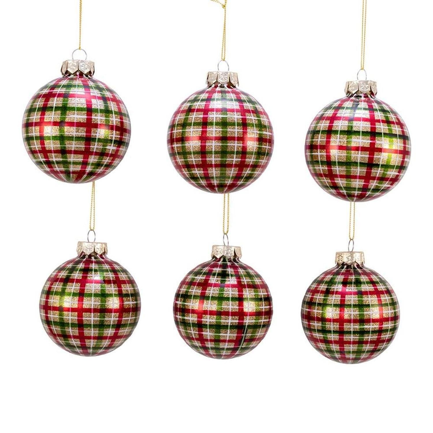 Kurt Adler 80MM Red and Green Plaid Glass Ball Ornaments, 6 Piece Box - - Holiday Ornaments