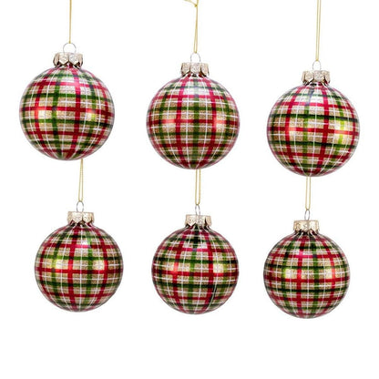 Kurt Adler 80MM Red and Green Plaid Glass Ball Ornaments, 6 Piece Box - - Holiday Ornaments