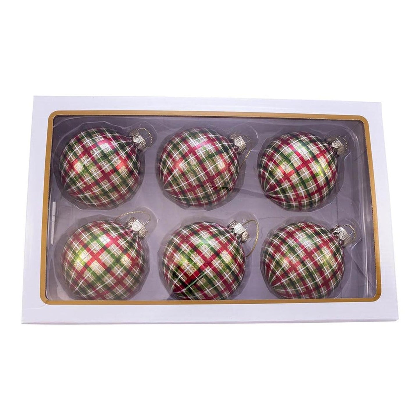 Kurt Adler 80MM Red and Green Plaid Glass Ball Ornaments, 6 Piece Box - - Holiday Ornaments