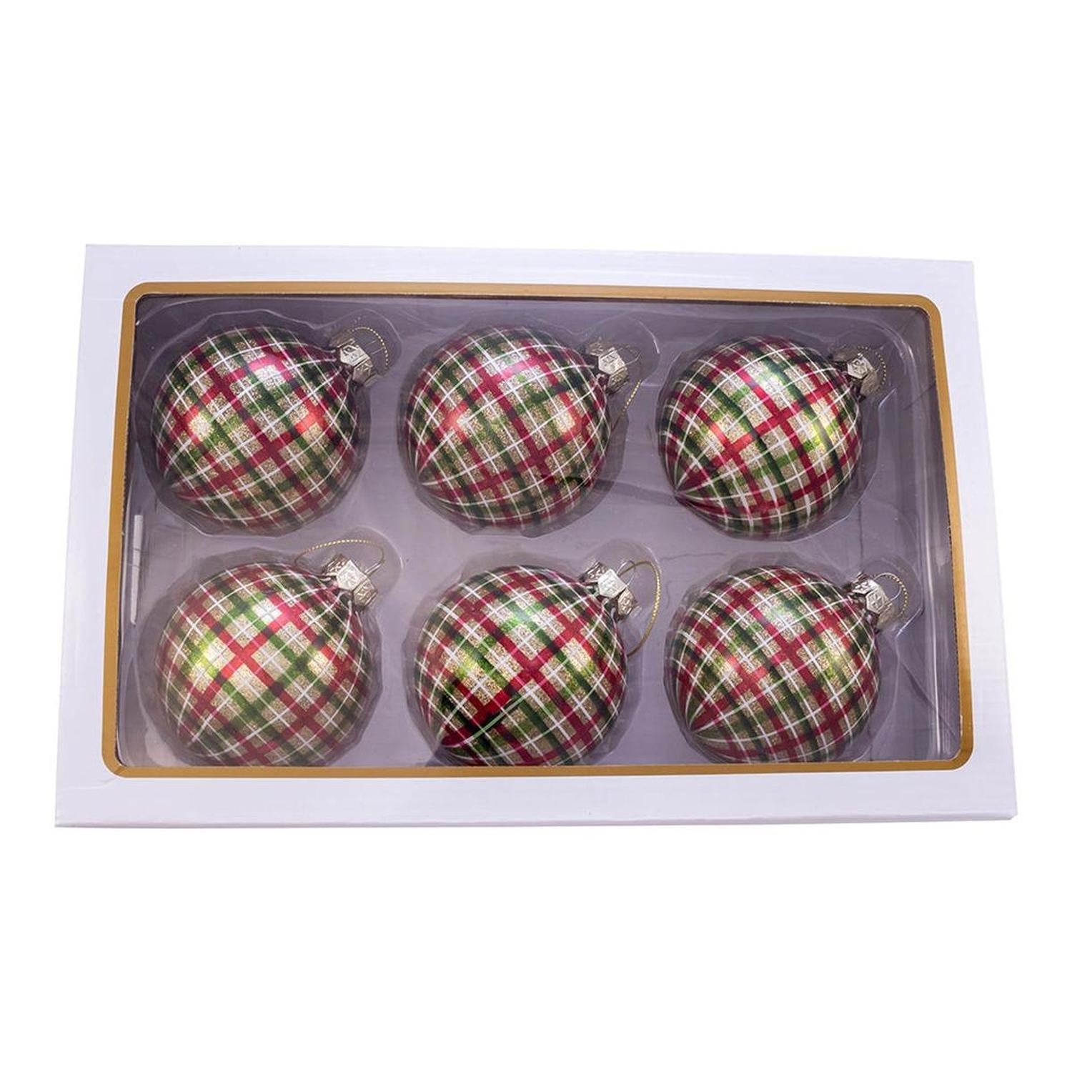 Kurt Adler 80MM Red and Green Plaid Glass Ball Ornaments, 6 Piece Box - - Holiday Ornaments
