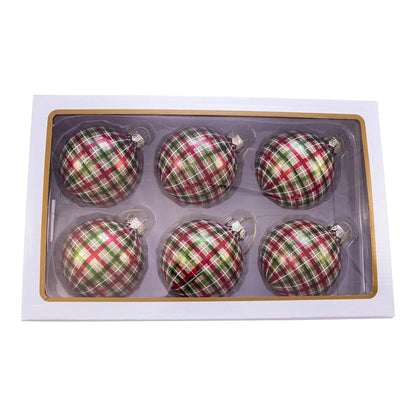 Kurt Adler 80MM Red and Green Plaid Glass Ball Ornaments, 6 Piece Box - - Holiday Ornaments