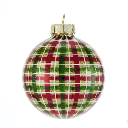 Kurt Adler 80MM Red and Green Plaid Glass Ball Ornaments, 6 Piece Box - - Holiday Ornaments