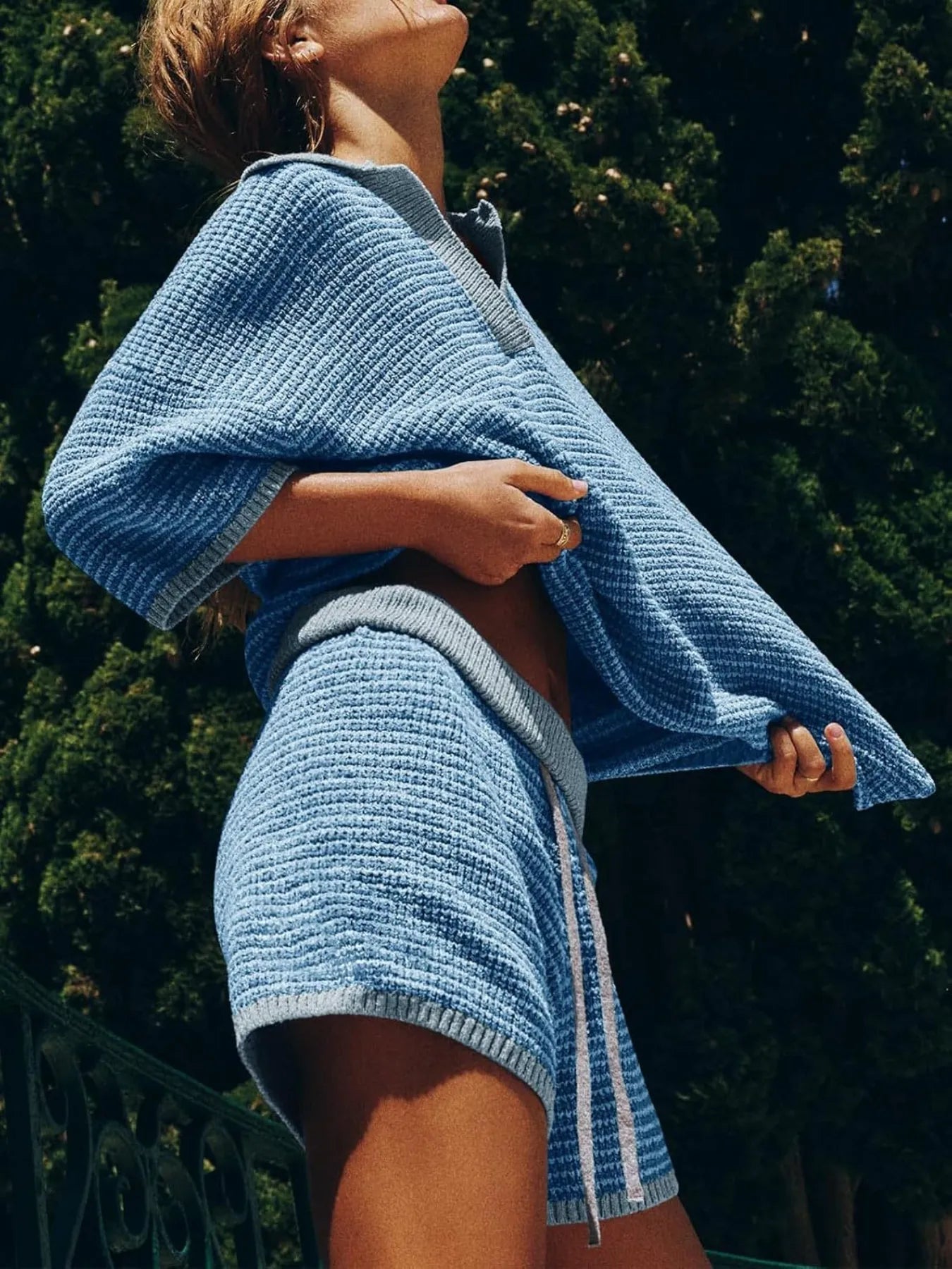 Collared Neck Contrast Striped Top and Shorts Sweater Set- Shopimist- {{Product type}}