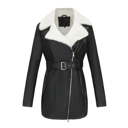 Long Sleeved Plush Leather Jacket Double Turn- Down Necked Zipper and Waistband