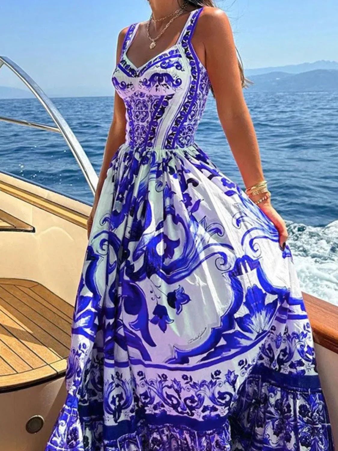 Smocked Printed Wide Strap Dress - -