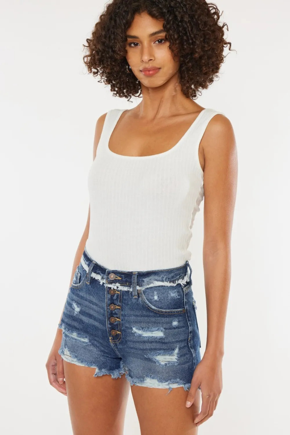 Kancan Distressed Button Fly Denim Shorts - -