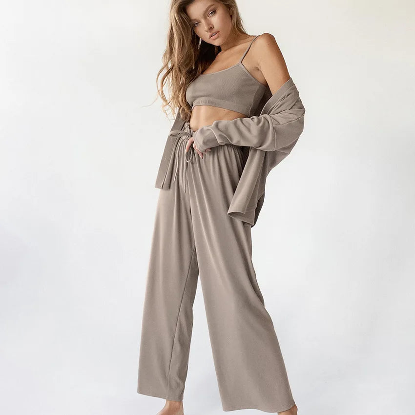 Women's Sleepwear Long Sleeve Cardigan +Sling Vest +Long Pants Three Piece Set