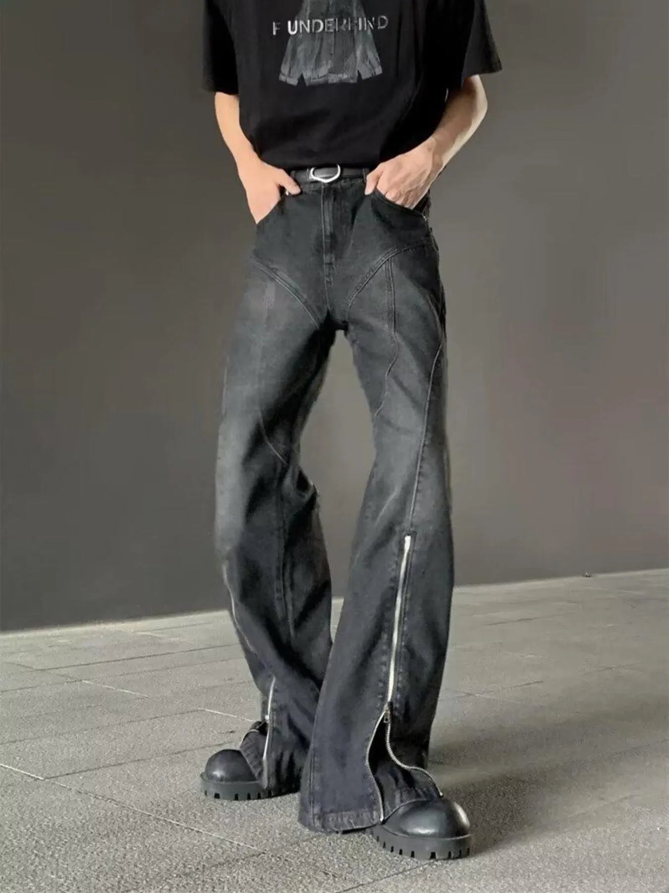 Men's Plus Size Washed Flare Jeans with Zipper Detail - Black -