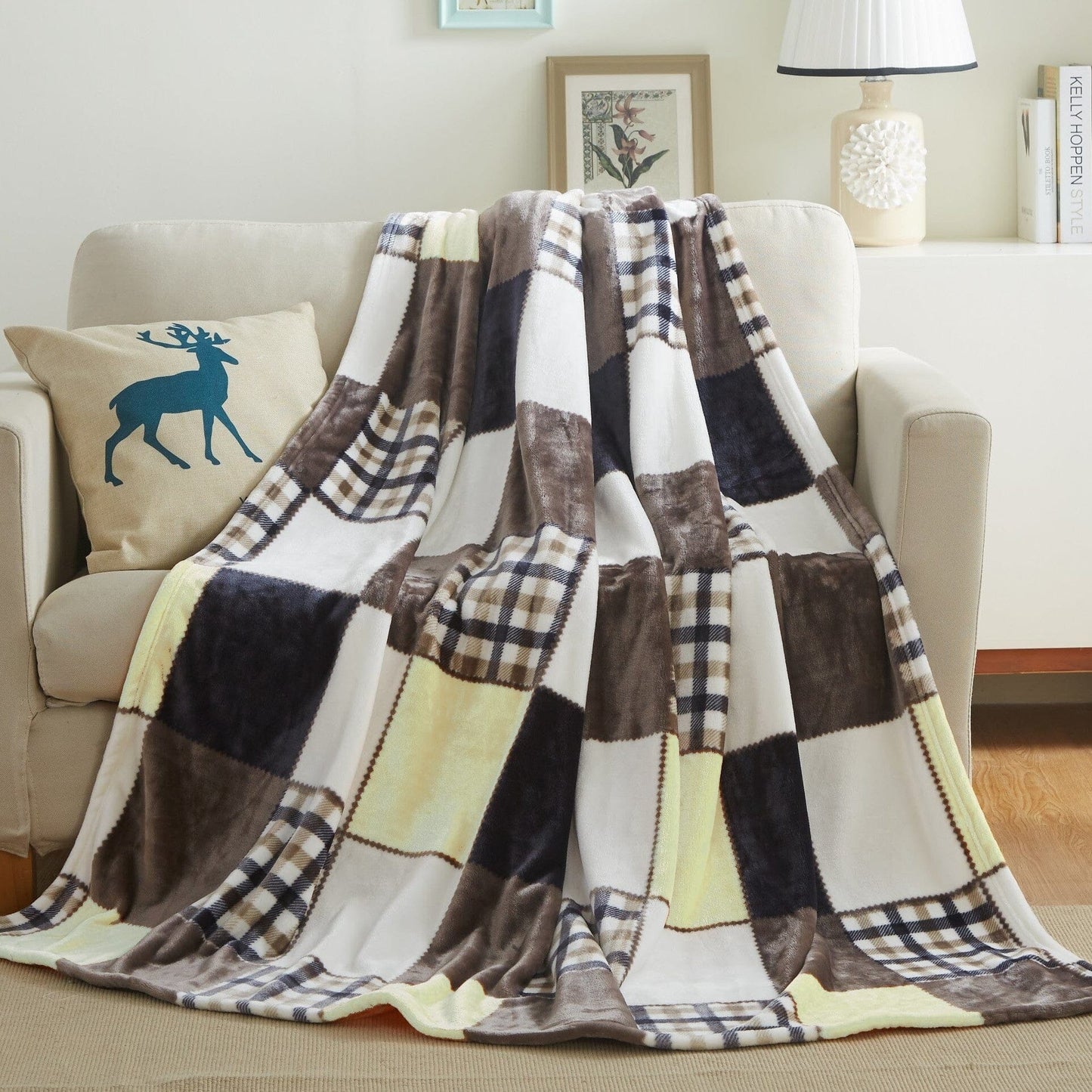 Tache Buttermilk Fall Yellow Brown Farmhouse Super Soft Plaid Patchwork Throw Blanket (4026) - 90 x 90 - Blanket