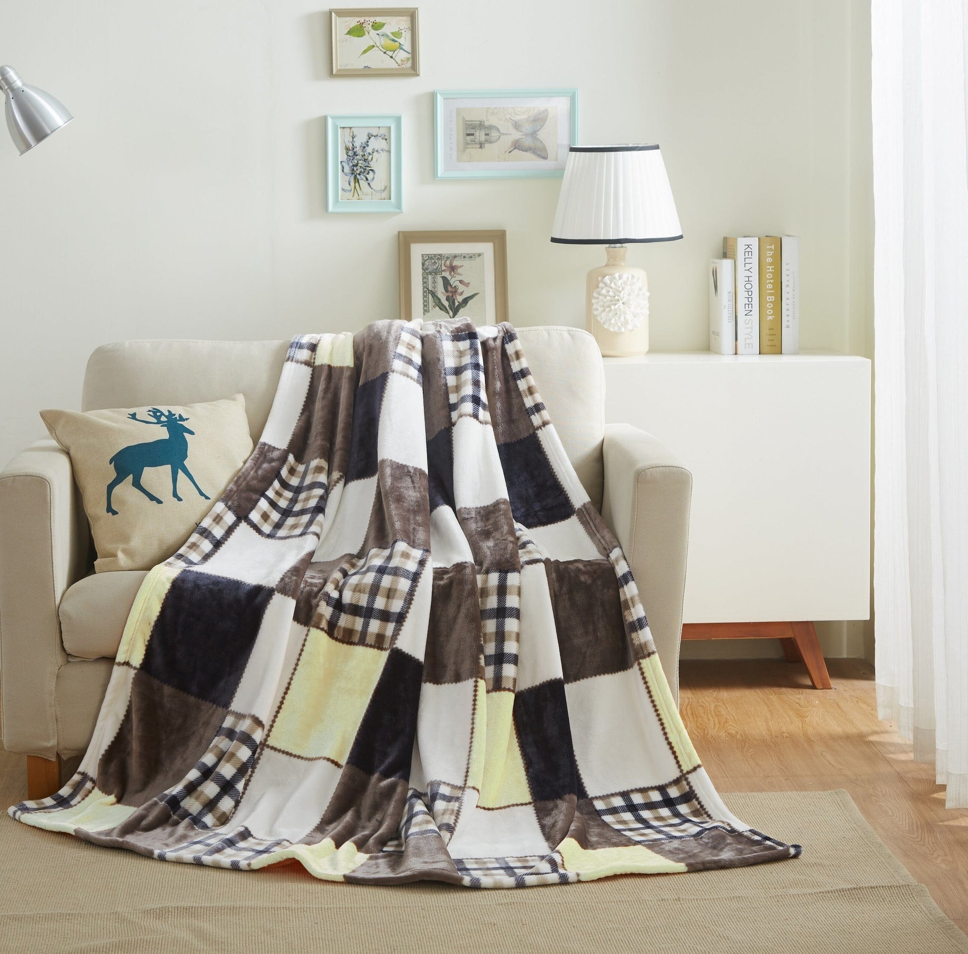 Tache Buttermilk Fall Yellow Brown Farmhouse Super Soft Plaid Patchwork Throw Blanket (4026) - - Blanket