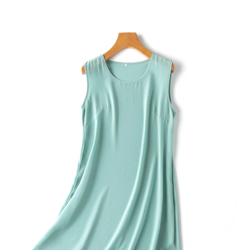 Silk Dress Crepe Dechine Solid a Line Sleeveless O Neck Tank Dresses