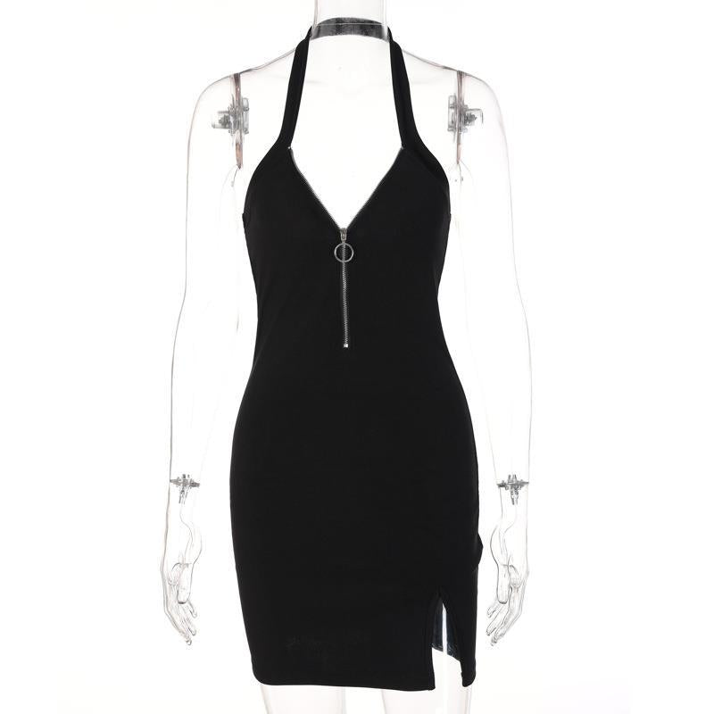 Sleek Zipper Halter Evening Dress - Black M - dress