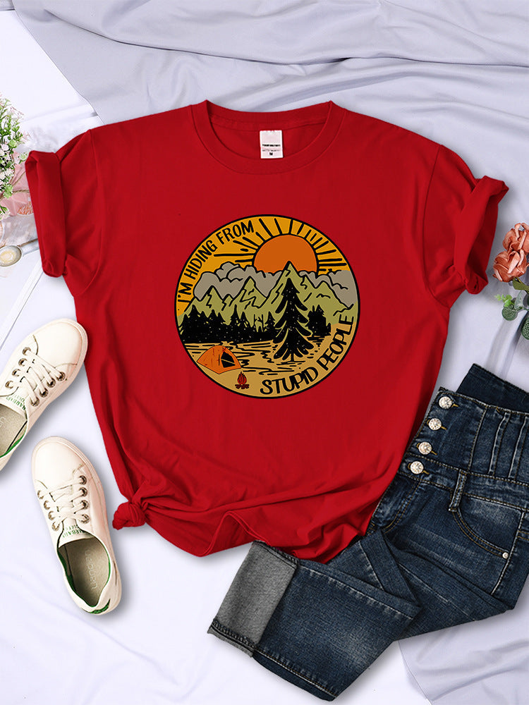 I'm Hiding From Stupid People Camping Scenery Women's Tops Hip-hop Fashion Street See size chart under “more details” - - Tops