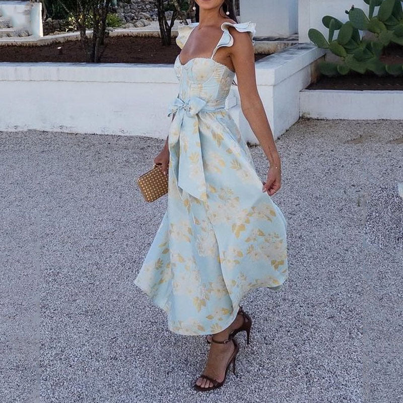 Summer Vintage Floral Print Strappy Dress - - dress