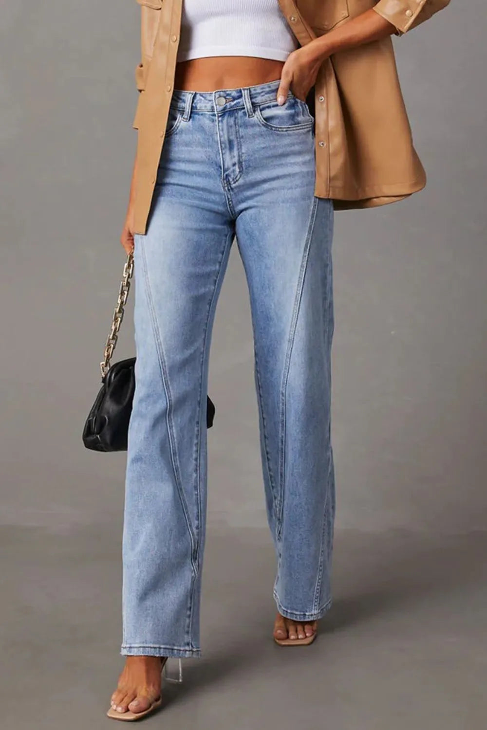 High Waist Straight Jeans with Pockets - -