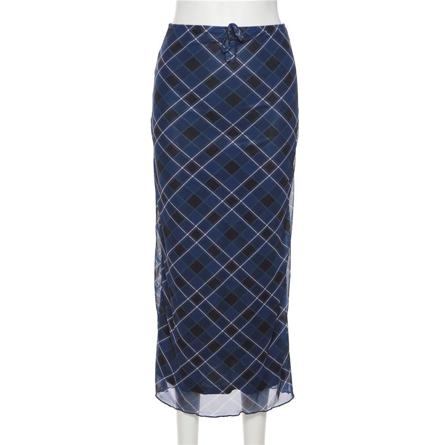 Plaid Midi Skirts High Waist Slim Tie Up Casual Long Skirt Women