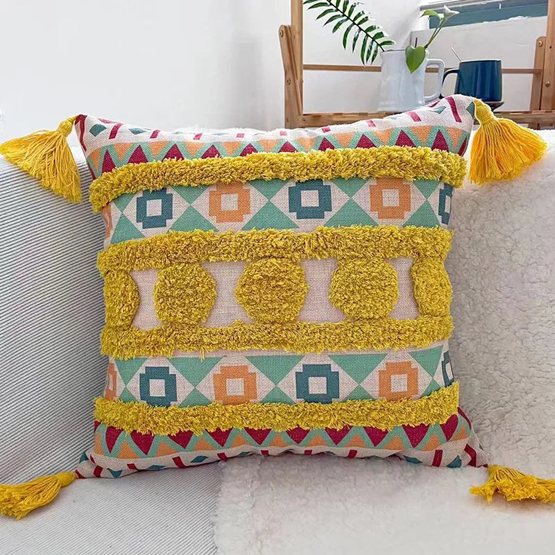 Colorful Tassel Tufted Throw Pillow Cover Geometric Pattern Pillowcase