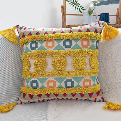 Colorful Tassel Tufted Throw Pillow Cover Geometric Pattern Pillowcase light blue yellow