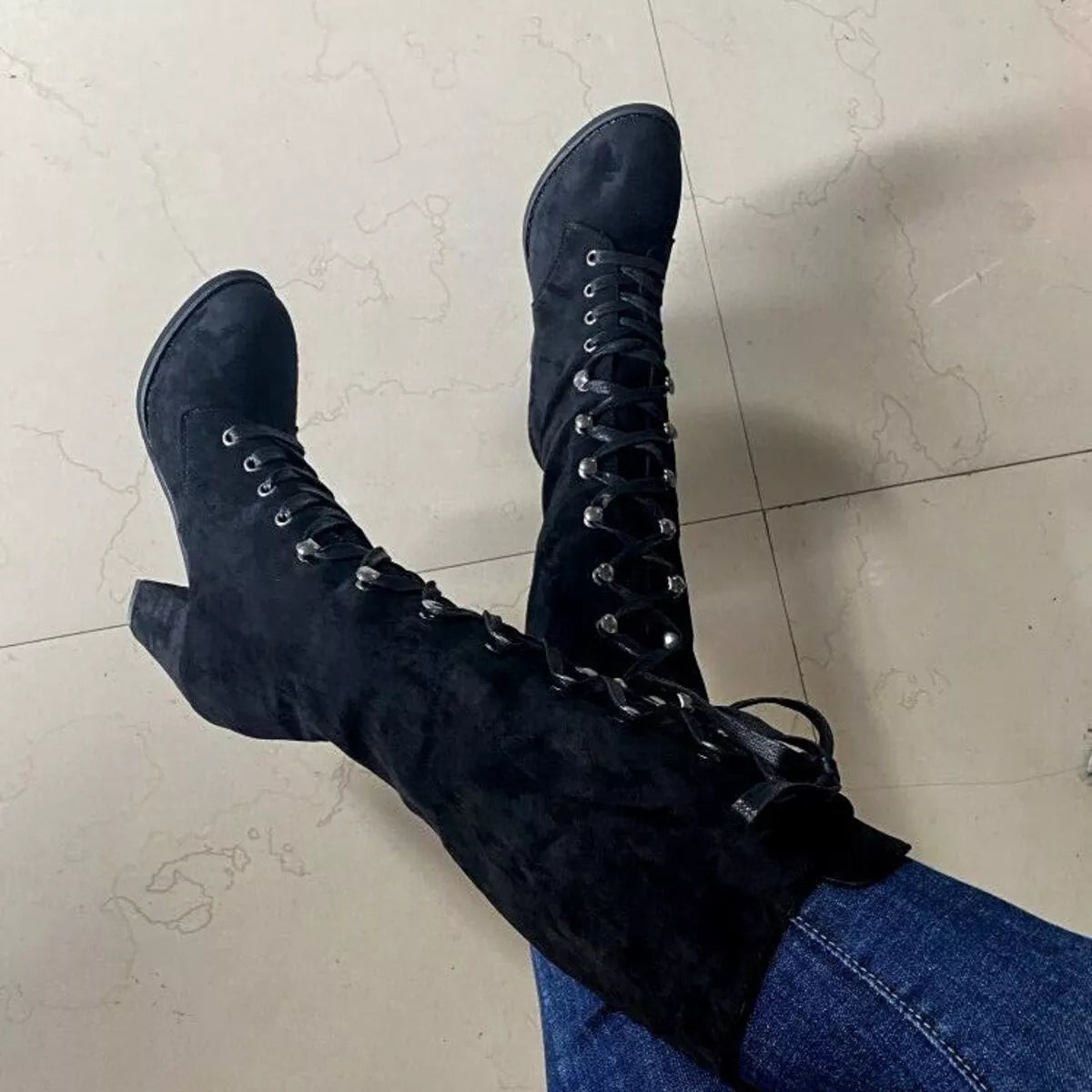 Lace Up Block Heels Boots - Black -
