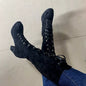 Lace Up Block Heels Boots - Black -