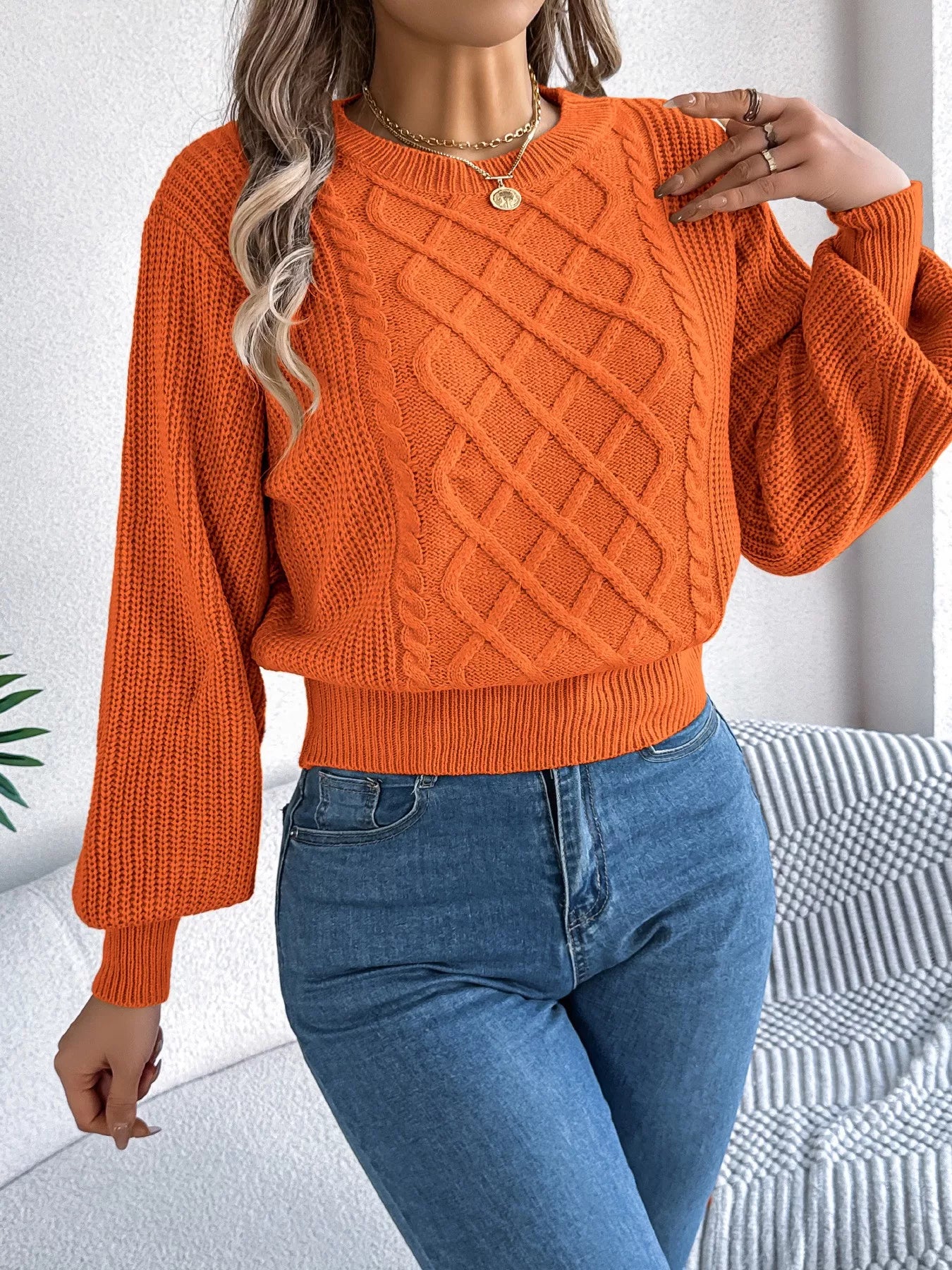 Cable Knit Diamond Pattern Long Sleeve Sweater - Orange -