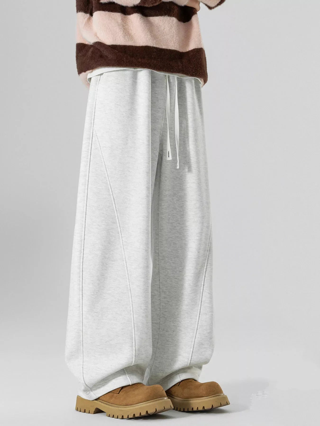 Men's Plus Size Loose Fit Drawstring Wide Leg Pants - Light Gray -