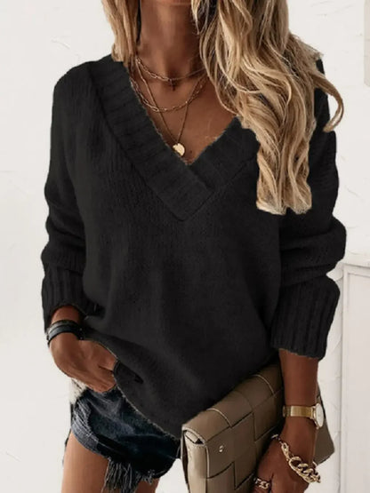 V-Neck Long Sleeve Knit Top - Black -