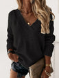 V-Neck Long Sleeve Knit Top - Black -