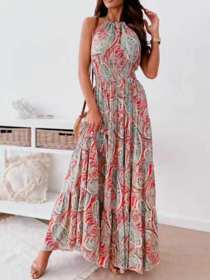 Printed Halter Neck Maxi Dress - -