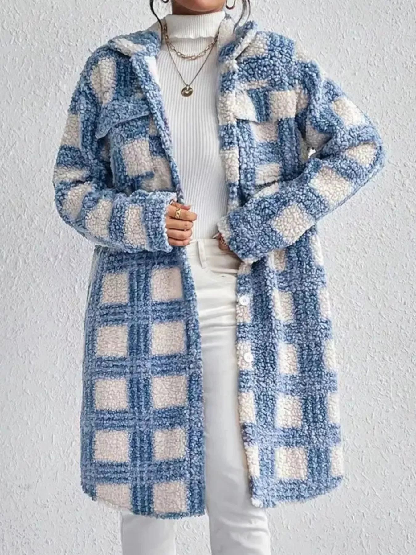 Plaid Button Up Long Sleeve Fleece Coat - -