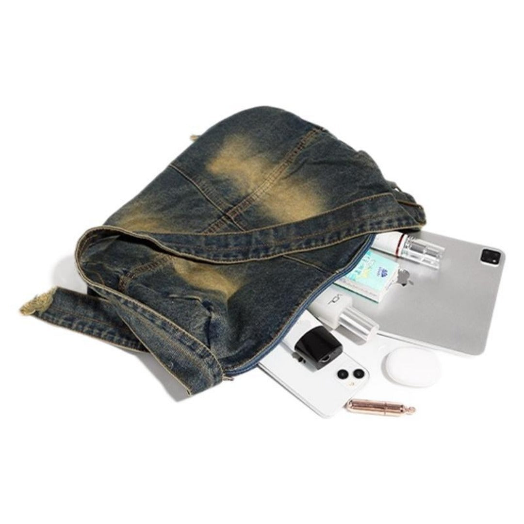 Washed old denim hobo bag, large capacity hobo shoulder bag, sweet cool babes shoulder Retro denim shoulder bag - -