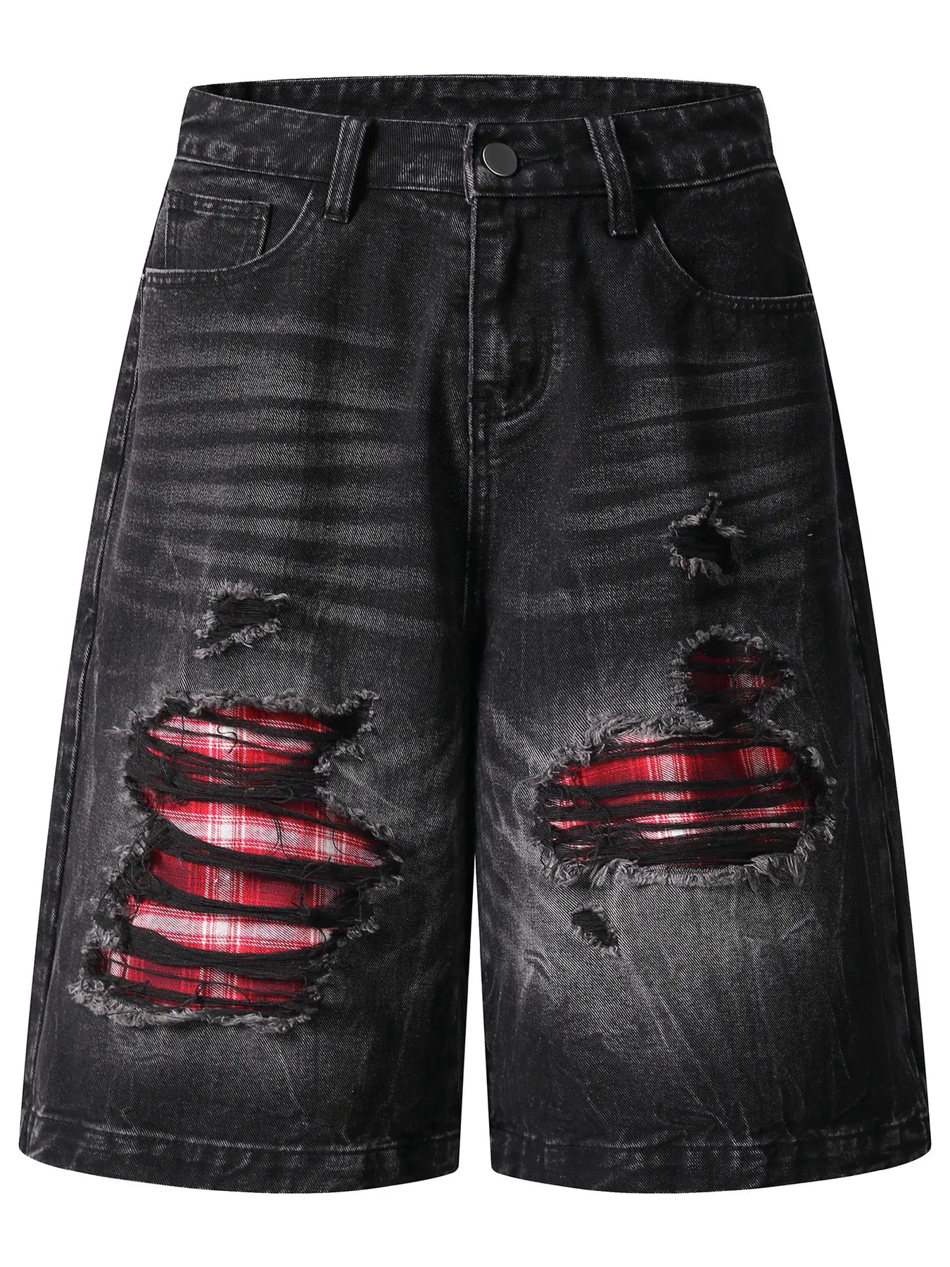 Men's Distressed Denim Shorts with Plaid Patches - Black -