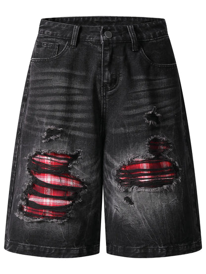 Men's Distressed Denim Shorts with Plaid Patches - Black -