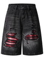 Men's Distressed Denim Shorts with Plaid Patches - Black -