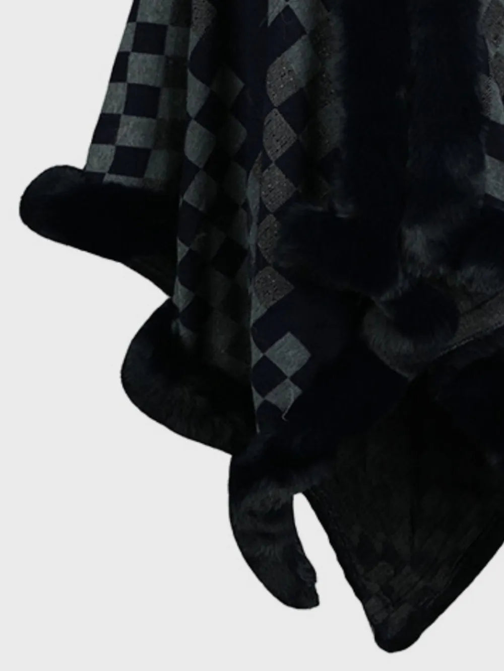 Fuzzy Checkered Long Sleeve Poncho - -