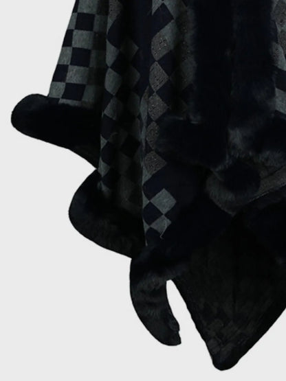 Fuzzy Checkered Long Sleeve Poncho - -