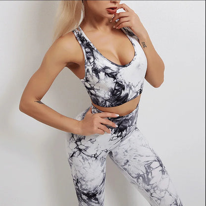 2 Piece Set Workout Clothing Seamless Tie Dye Exercise Running Fitness Set