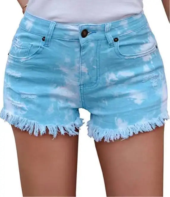 Medium Waist Light Washed Tie Dye Denim Shorts