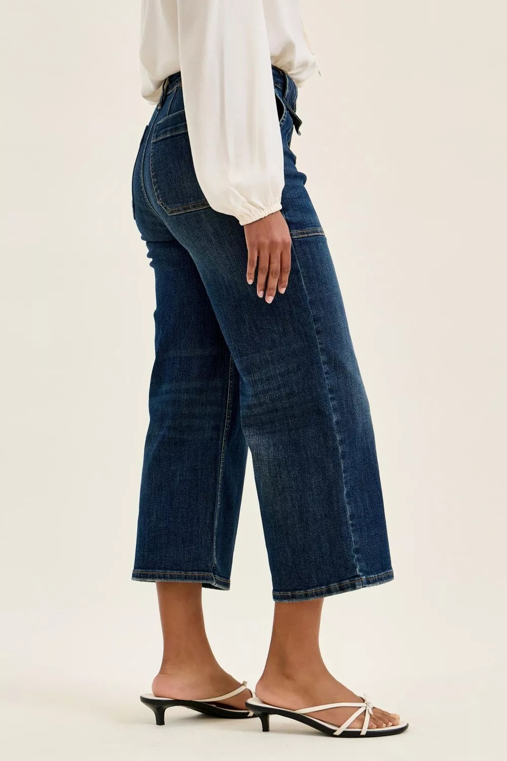 Judy Blue High Waist Wide Crop Utility Jeans with Patch Pocket - - jeans