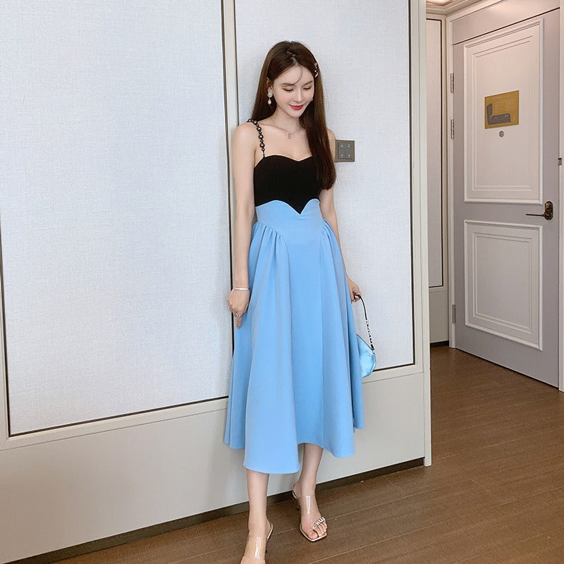 Elegant Sundress A-Line French Suspender Party Dress Big Swing Blue Midi Dress