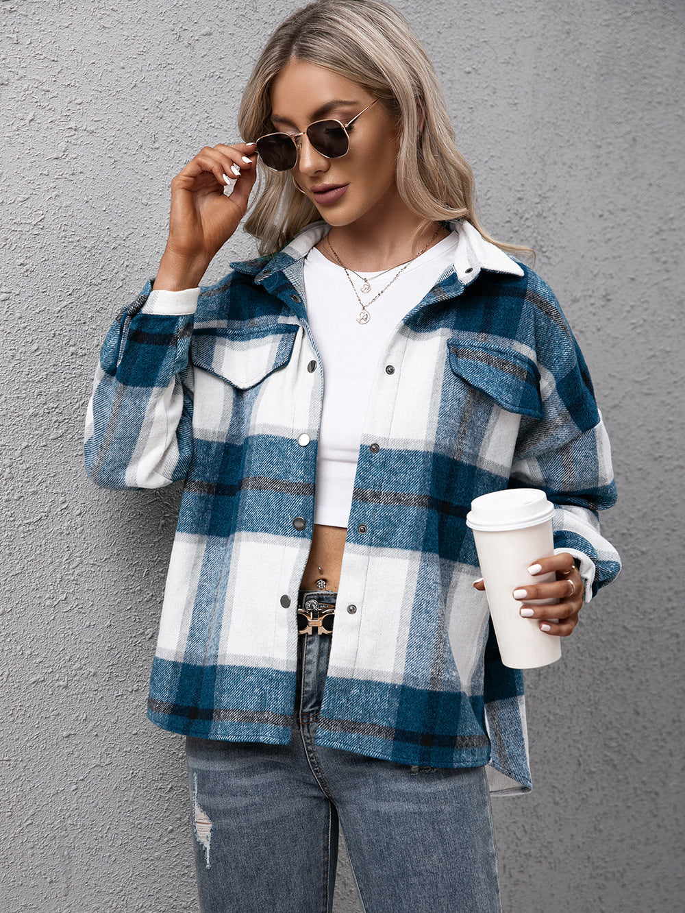 Ivy Lane Plaid Long Sleeve Shirt Jacket - -