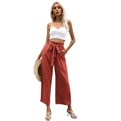 Solid Slant Pocket Belted Pant Women Trousers High Waist Casual Wide Leg Pants