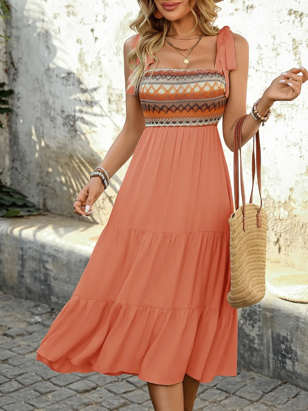 Tie Shoulder Square Neck Tiered Midi Dress - -
