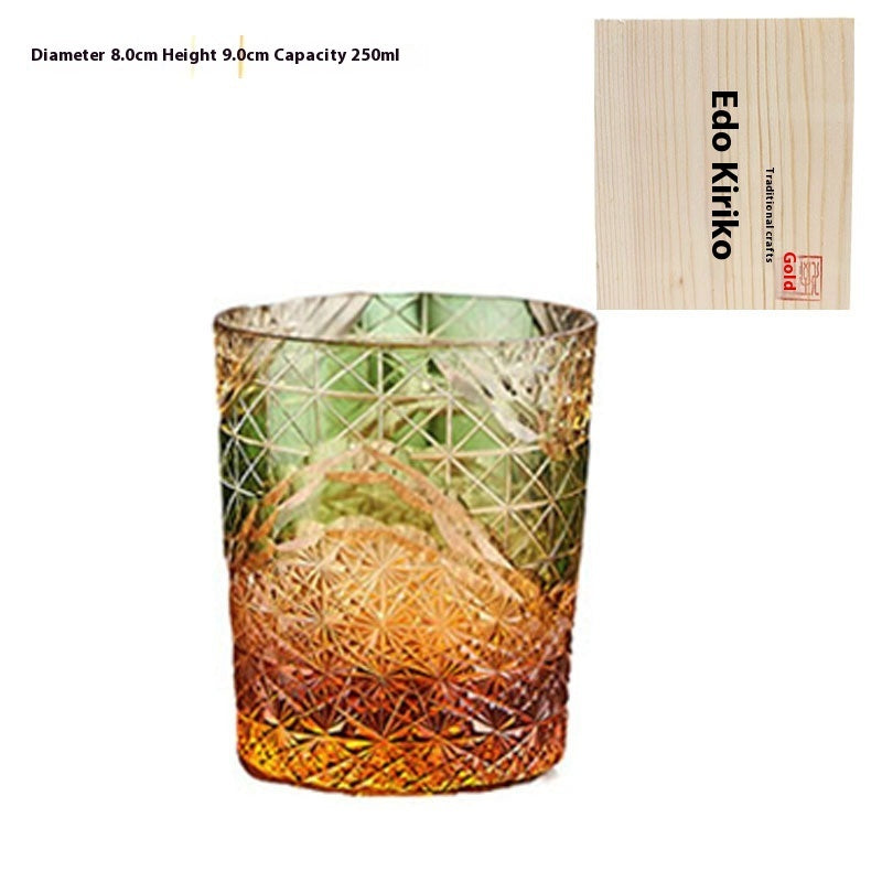 Edo Kiriko Japanese Handmade Cut Glass Cup – Single or Set of 4 - Amber Green Wooden Box - Glass Art