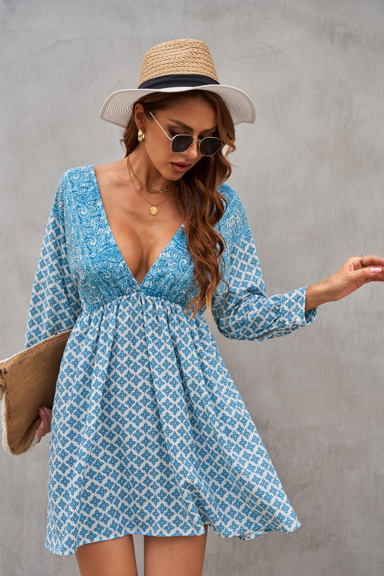 Women Vintage Floral Print v Neck Cut-Out Ruffle Mini Bohemian Boho Dress