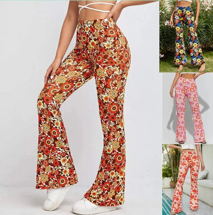 Women Boho High Waist Flare Retro Floral Print Comfy Yoga Palazzo Pants