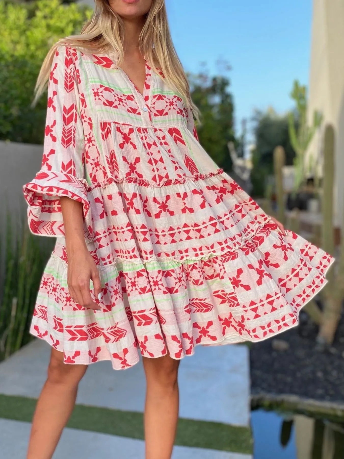 Printed Tiered Babydoll Dress - -