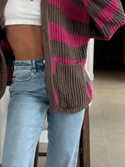 Striped Open Front Long Sleeve Cardigan - -