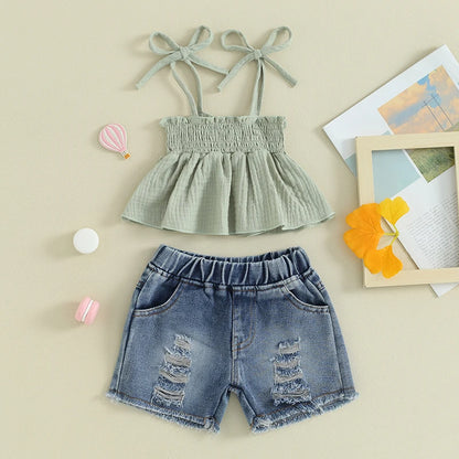 Solid Color Tank Tops and Ripped Denim Short Set