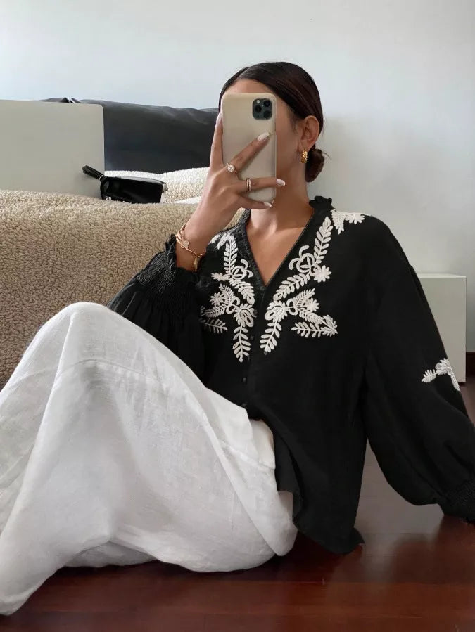 Embroidered Notched Long Sleeve Blouse - -